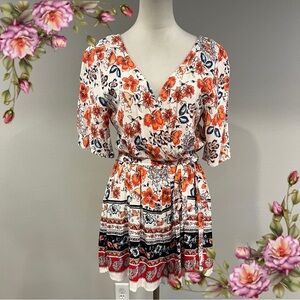 Blue Rain Floral V-Neck short sleeve mini romper‎ bohemian style size medium
